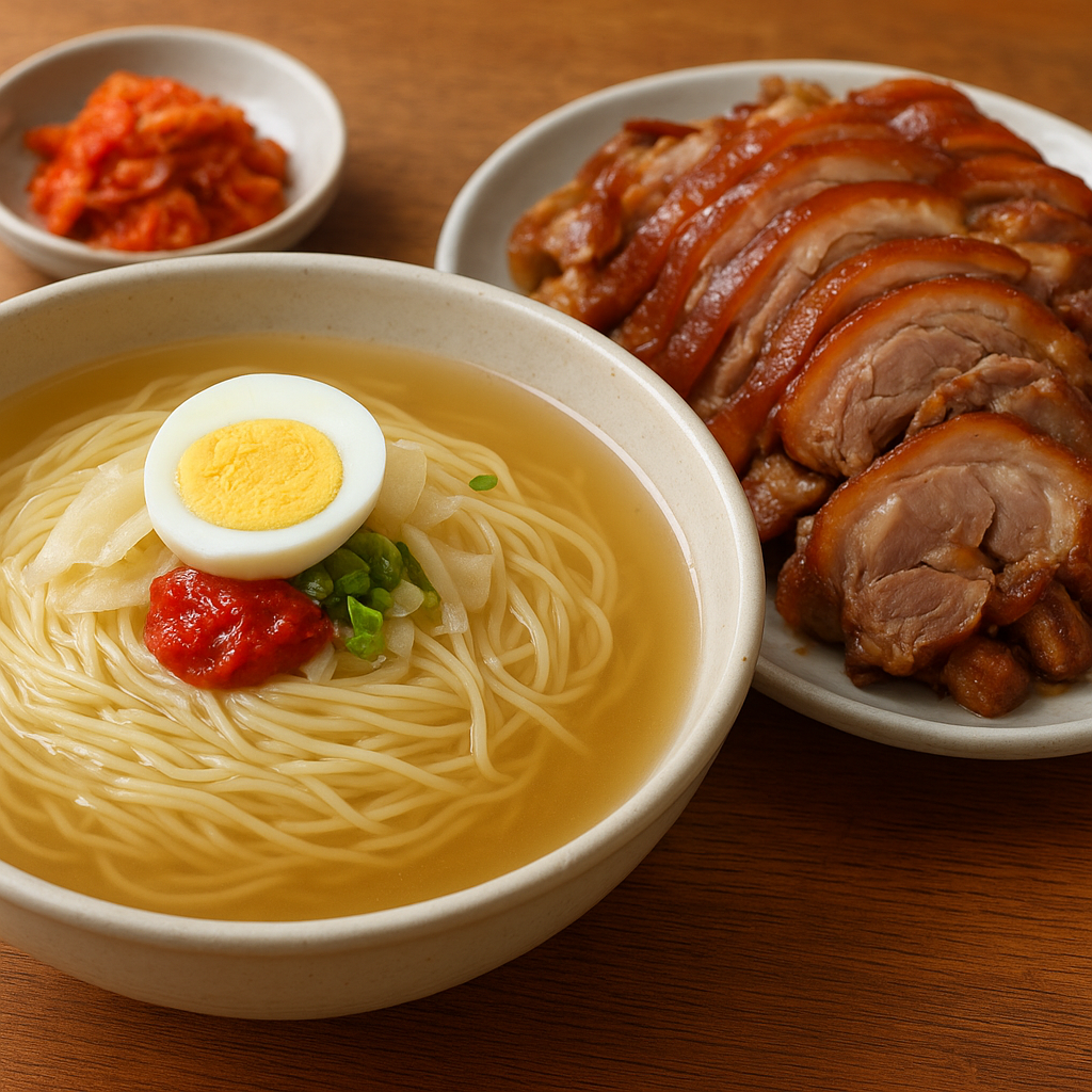 부산 못골시장 인근 대연밀면족발에서 밀면과 족발을 함께 차린 식사 메뉴 이미지