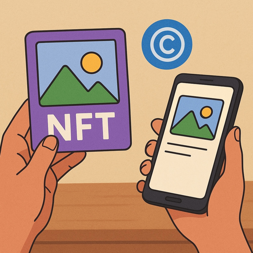 디지털 자산의 소유권을 블록체인으로 증명하는 NFT의 개념과 저작권 관계를 설명하는 이미지.
