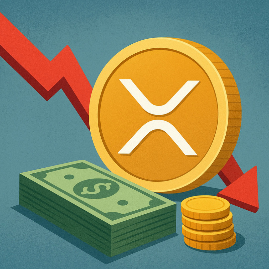 XRP 로고와 함께 암호화폐 시장의 가격 하락을 나타내는 그래프가 배치되어 있는 이미지.