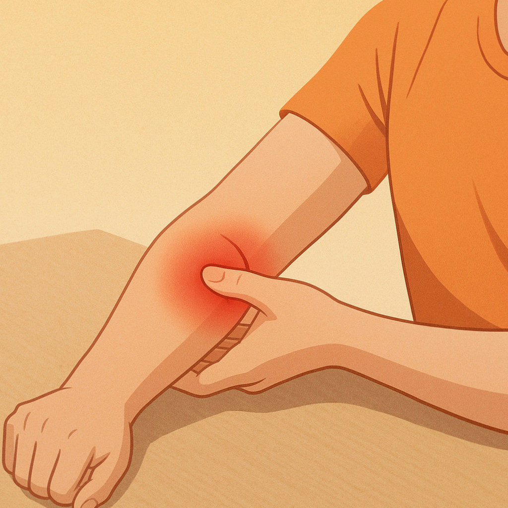 상과염에 대한 정의와 증상, 치료 및 운동법을 설명하는 블로그의 대표 이미지로, 팔꿈치 통증을 느끼는 사람의 손 구조가 보여진다.