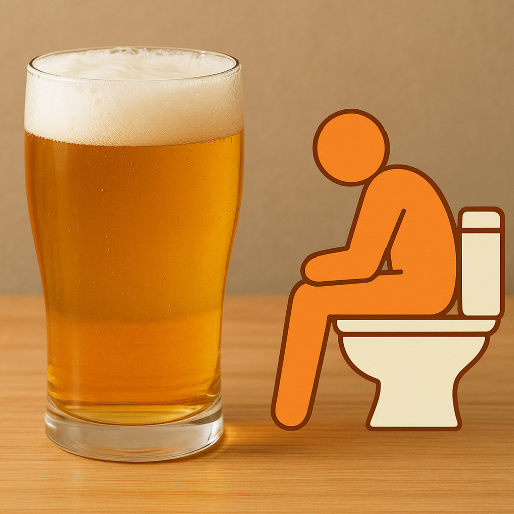 맥주를 마신 다음 날 설사를 겪는 사람의 당황한 표정과 복부 불편함을 느끼는 모습.