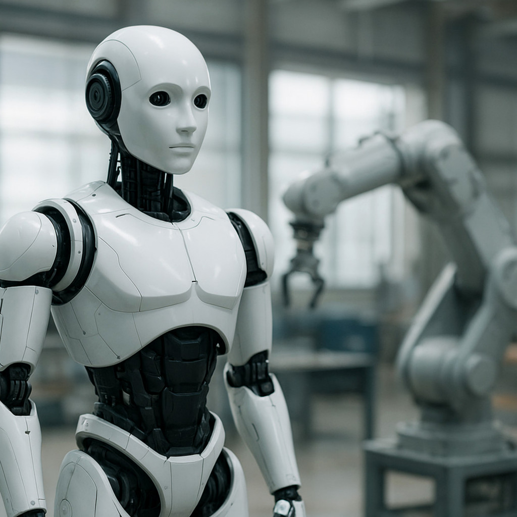 로봇 관련주와 AI 기술의 현황을 상징하는 현대의 AI 로봇을 시연하는 이미지.